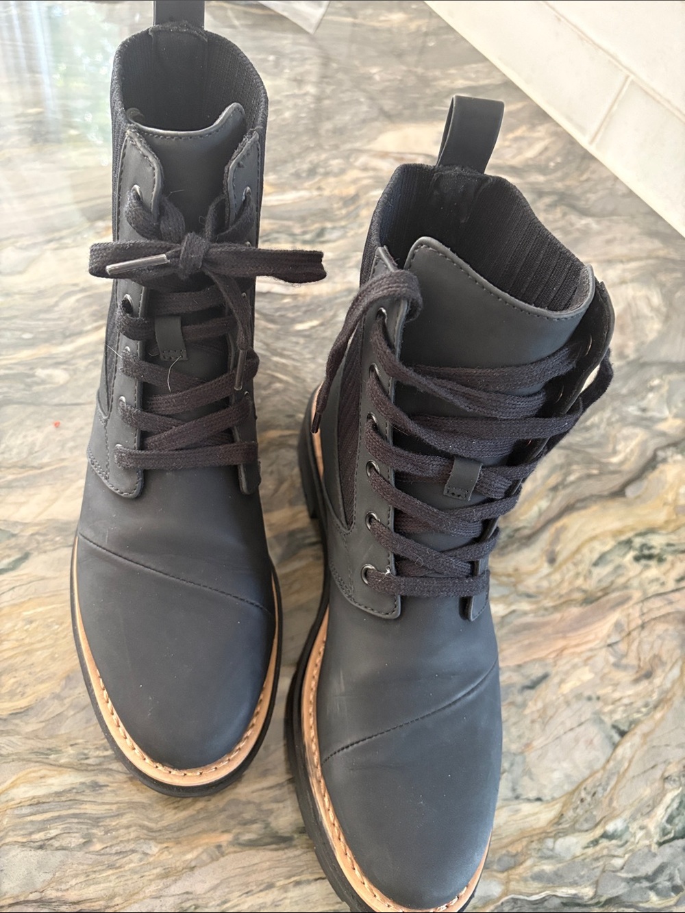 Toms Black Lace-Up ladies Ankle Boots with Tan Welt and easy entry due to stretc